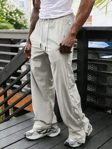 PAVTROS Quần dài nam kiểu dáng thường ngày, thời trang, đa năng, cài một hàng cúc và có dây rút ở eo. - Màu be - Xem 7