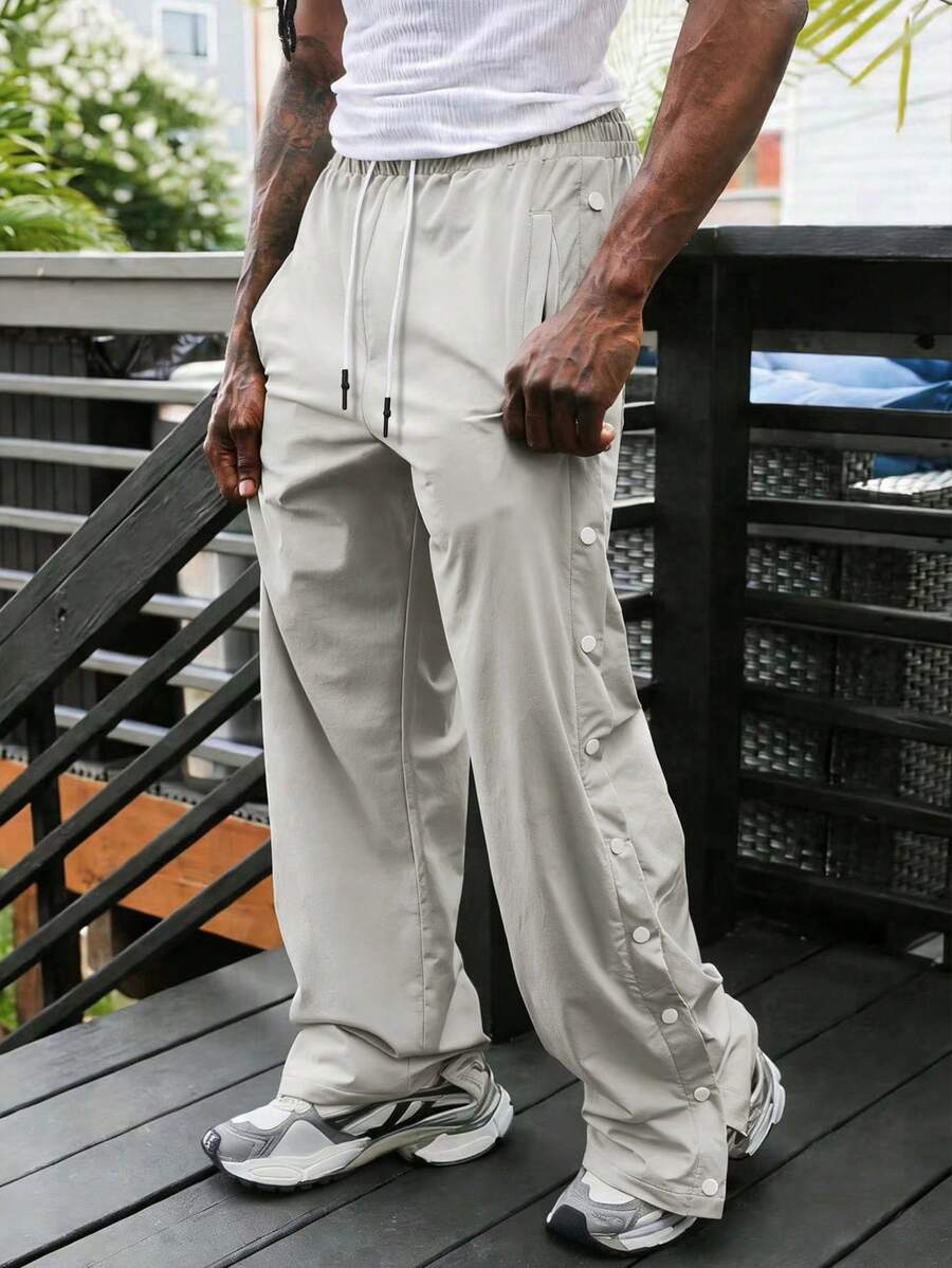 PAVTROS 男士休闲时尚百搭单排扣抽绳腰长裤 - 米色 - 查看 1