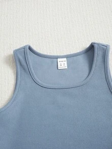 SHEIN 少女純色背心和打結腰短褲 - 霧霾藍 - 查看 3