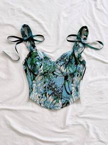 SHEIN WYWH Áo camisole nữ kiểu dáng thời trang, dây dày, thắt nơ phía trước, chất liệu jacquard. - màu xanh lá - Xem 6