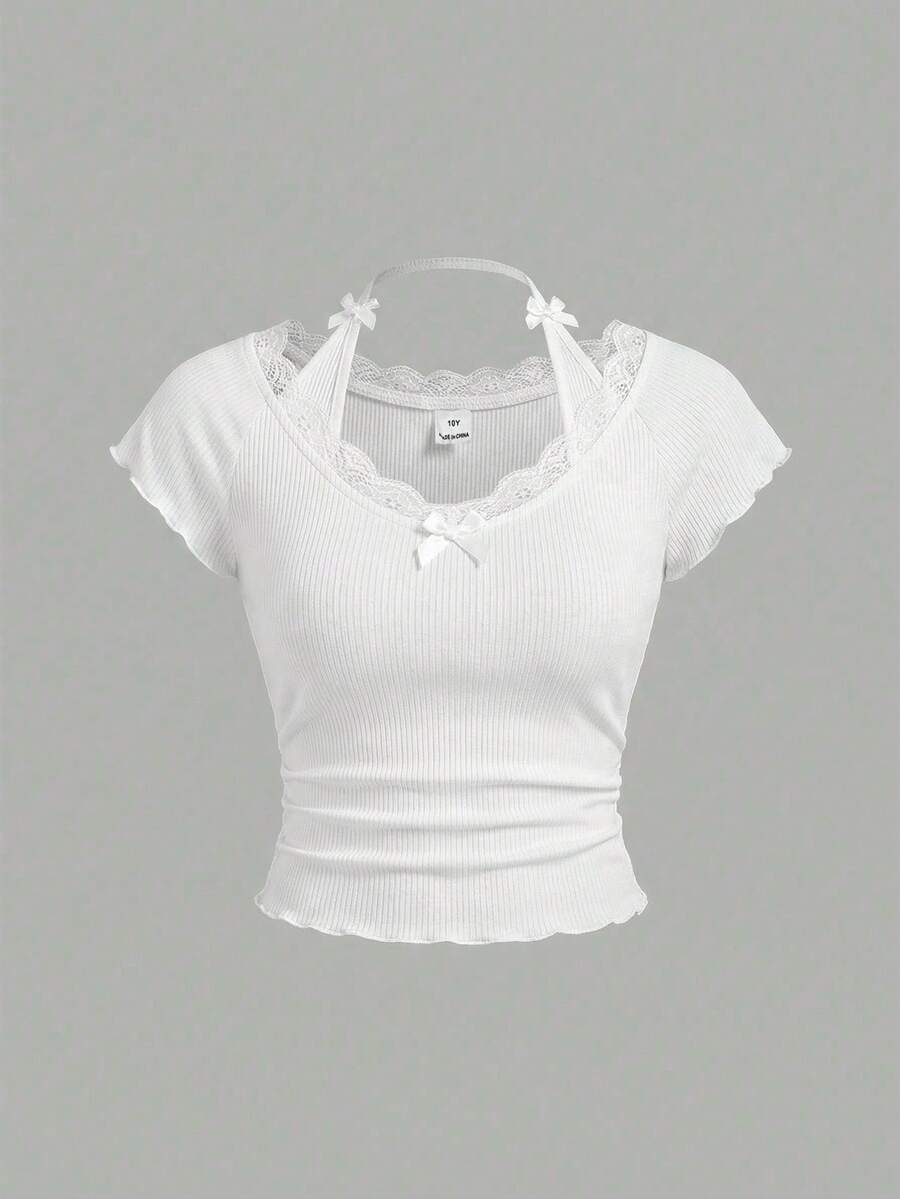 SHEIN Girlism 少女休闲蕾丝边V领蝴蝶结装饰修身弹力罗纹短袖纯色T恤上衣,白色 - 白色 - 查看 1