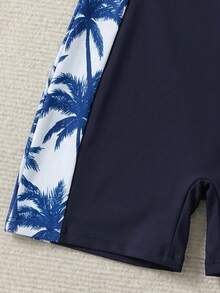 Teen Girl Coconut Tree Print Zipper Short Sleeve Romper Shorts,Summer Beach Vacation Holiday Outfit,Casual New Style Chill Vibe Outfits For Spring - Multicolor - View 3