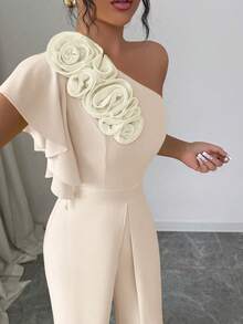 Elenzga Spring/Summer Asymmetric Ruffled Sleeveless Jumpsuit, Cinched Waist Design, Elegant Floral Decor, Chic French Style Vacation Outfit For Women - Apricot - View 6