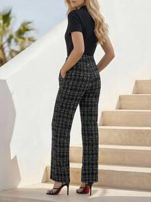 Editum Women's Elegant Solid Color Patchwork Plaid Print Short Sleeve Jumpsuit, Knitted Stretchy Waist Straight Leg Jumpsuit, Suitable For Commuting, Dating, Office Wear And Multiple Occasions Women's Formal Outfit Black Blouse Women Plaid Pants For Women Tweed Pants Women Bow Tie Blouse Zanea Dress For Woman Business Dresses For Women Business Casual Women Co Ords Business Women Clothes Business Outfit Business Casual Outfits For Women Work Outfits For Women - Multicolor - View 2