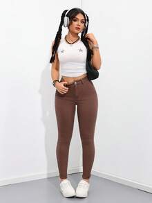 SHEIN ICON 女士休闲日常口袋纽扣牛仔裤 - 棕色 - 查看 6