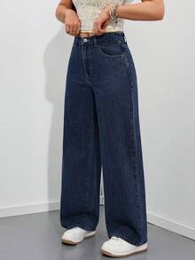SHEIN PETITE 女款口袋鈕扣休閒百搭日常穿著寬腿牛仔褲，適合嬌小女性 - 深色水洗藍 - 查看 4
