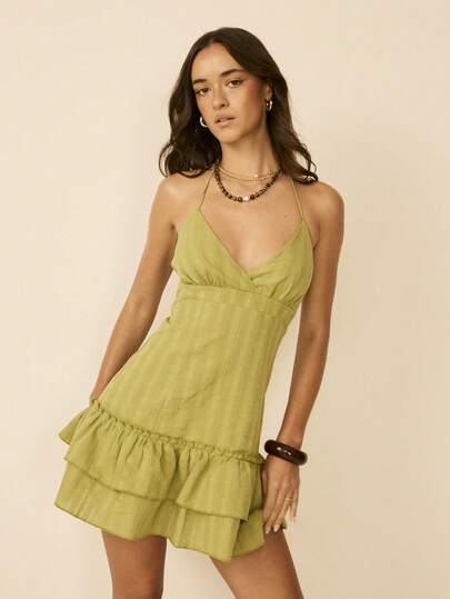 Aralina Women's Stripe Textured Lightweight Woven Cotton Fabric Spaghetti Strap V Neckline Fitted Bodice Ruffled Flowy Mini Dress Classic Summer Dresses For Women Spring Outfits Vacation Outfits Women Casual Day Dress Brunch Outfits For Women Cute Sexy Summer Dress