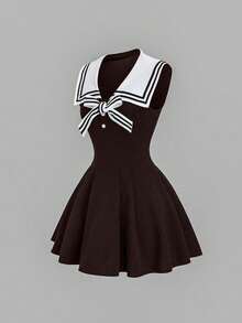 Sweetra 春夏新款女士优雅藏蓝色翻领复古修身连衣裙，百搭舒适休闲度假连衣裙，蓝色 - 棕色 - 查看 3