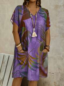 EMERY ROSE Plus Size Women's Purple Summer Boho Beach Holiday Dress,V-Neck Loose Printed Kaftans With Double Pocket,Fashionable Bohemian Spring Vacation Outfits - Purple - View 1