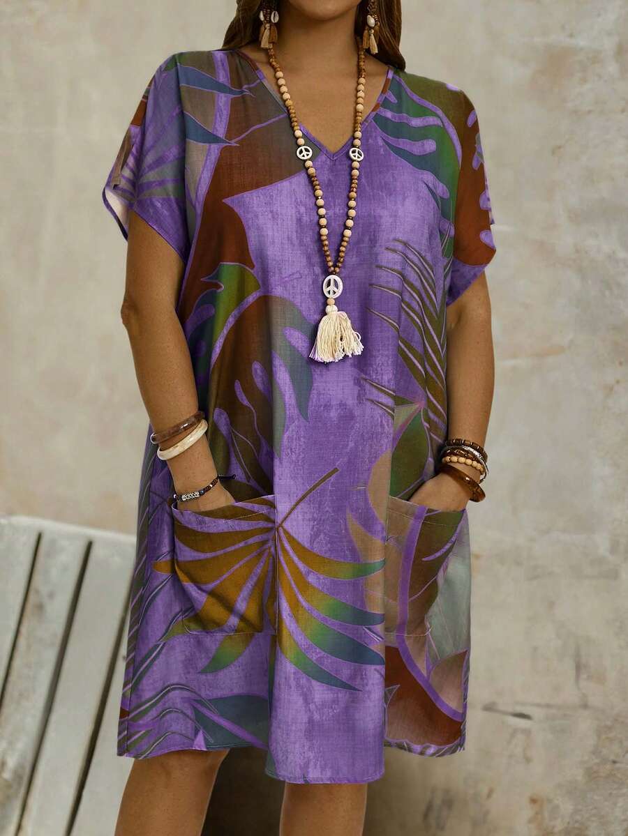 EMERY ROSE Plus Size Women's Purple Summer Boho Beach Holiday Dress,V-Neck Loose Printed Kaftans With Double Pocket,Fashionable Bohemian Spring Vacation Outfits - Purple - View 1