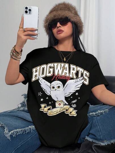 HARRY POTTER X SHEIN 大码女式圆领短袖休闲T恤