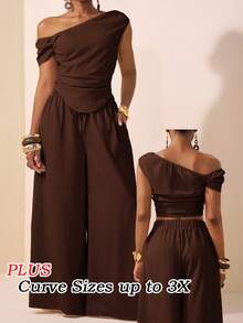 Veslaya Setelan 2 Potong Wanita Ukuran Plus Warna Cokelat, Musim Panas, Elegan, Liburan, Atasan Crop dengan Desain Bahu Asimetris dan Hem Berkerut serta Celana Panjang Lebar, Bahan Bertekstur - Coklat - View 3