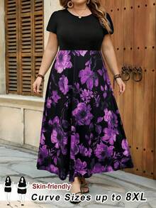 SHEIN CURVE+ Curve 尺码 US22 音乐节、海滨度假、波西米亚风夏季针织弹力修身印花 A 字连衣裙 波西米亚度假 - 紫色 - 查看 1