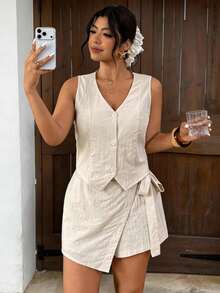 Lounesse Plus Size Women 2-Piece Set: Solid Color Single-Breasted Vest And Asymmetric Hem Skorts, Casual - Apricot - View 9