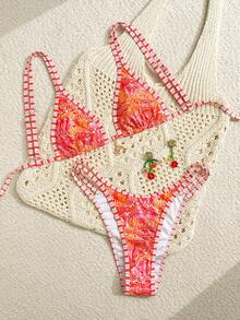 Swim Vcay Conjunto de bikini de playa con diseño de volantes florales estampados y a rayas, de moda y para primavera/verano - Multicolor - Ver 5