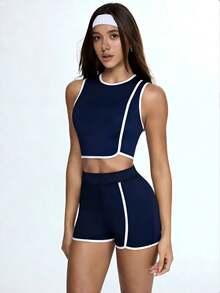 Eassivo Eassivo 4 Pcs Women's Navy Blue And White,Summer Contrast-Trim Crop Tank&High-Waist Shorts Set,Athletic 2 Pieces Workout Clothes,Athleisure,Gym,Yoga&Running - Navy Blue - View 8