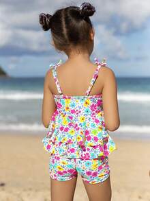 Young Girl Ditsy Floral Two Pieces Swimwear For Beach Vacation Summer Holiday - Multicolor - View 2