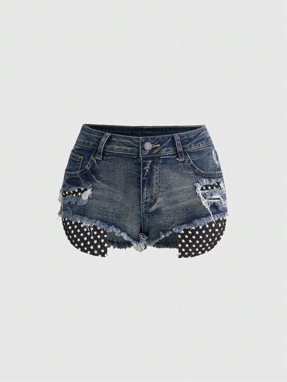 ROMWE Grunge Punk Quần short denim mini phong cách Punk Y2K gợi cảm với họa tiết ngôi sao rách lộ cạp.