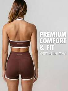 Innovista 女士撞色露背长袖上衣和短裤休闲运动套装 棕色健身套装 女士运动服 女士运动套装 女士健身套装 女士健身服套装 - 卡其色 - 查看 7