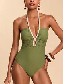 Travachic Women's Pleated Halter One-Piece Swimsuit Summer Beach Vacation - Fresh Green - View 4