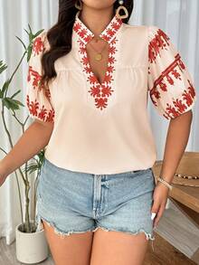 Linhara Plus Size Beige Floral V-Neck Stand Collar Faux Embroidery Short Sleeve Blouse, Women's Summer Boho Vacation Elegant Mexican Cowboy Western Tops - Apricot - View 3