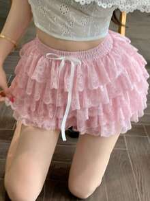 Joudiya Women's Lace Ruffle Tie Waist Skorts - Pink - View 5