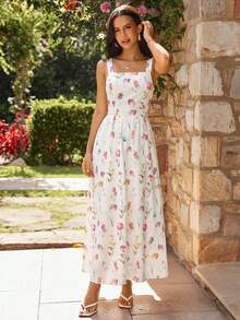 KARISMINA Lässiges, rückenfreies Sommerkleid mit Blumenmuster und Bindeband vorne – perfekt für Urlaub und Sommer. Auch als elegantes, romantisches Kleid für Hochzeitsgäste im Resort geeignet. Das gestufte Midikleid mit Blumenmuster und eckigem Ausschnitt ist ideal für Gartenpartys. Weißes Midikleid mit Blumenmuster und Bindeband am Rücken. Blumenmuster, Bindeband am Rücken, Sommer, Urlaub, Gartenparty - Weiss - Übersicht 3