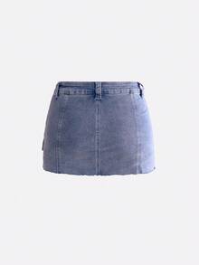 ROMWE Quần short denim siêu ngắn dành cho nữ, kiểu dáng retro Y2K, phối màu tương phản, viền tua rua, đa năng. - Màu xanh lam - Xem 2
