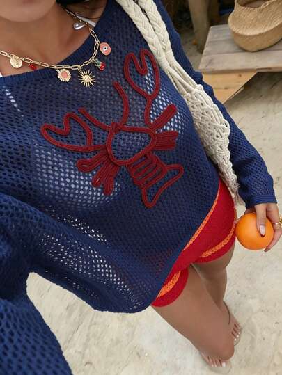 Sunnyshic Áo len nữ mùa xuân/hè họa tiết tôm hùm 3D, kiểu dáng thường ngày, dễ phối đồ, vai lệch, thích hợp cho kỳ nghỉ.