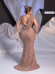 Glamrae Petite Curve Đầm dạ hội dáng đuôi cá màu sâm panh, màu sâm panh, sang trọng, gợi cảm, cổ khoét sâu, đính đá lấp lánh, tay rộng, dành cho nữ, cỡ lớn (đính kèm nhiều chi tiết trang trí). - Bụi hồng - Xem 10