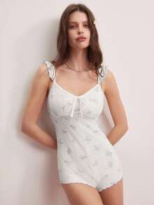 Elorette Tuta da donna casual con decorazione al collo a fiori ditsy e laccio - Bianco - Visualizzare 2