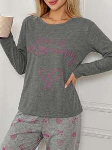 WovenCharm 100% Cotton 2Pcs  Contrast Colour Heart Printed PJ Set - Dark Grey - View 1