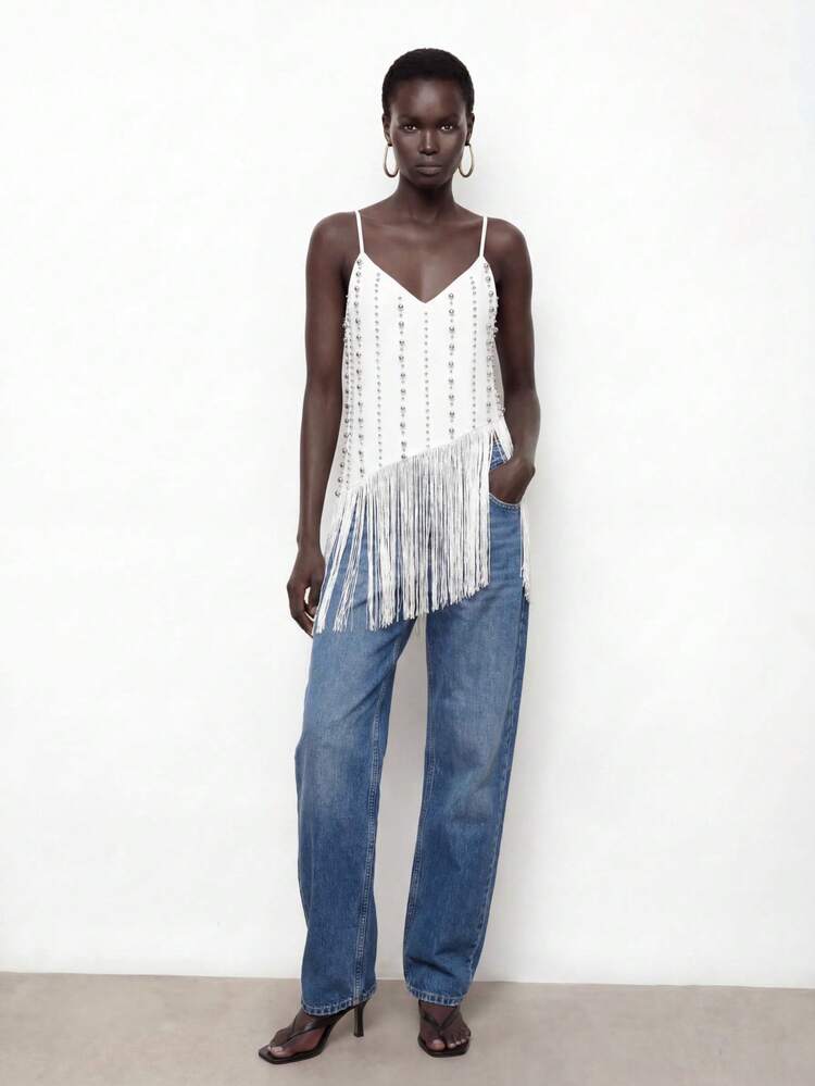 SHEIN Maija Women's Beaded Decor Tassel Hem Camisole,White And Silver Metallic Fringed Party Top,Summer Casual Birthday Party Fashion Outfits For Graduation