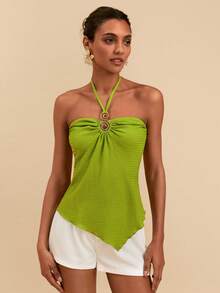 Travachic Top halter con textura de punto jacquard y decoración dorada - Verde militar - Ver 3