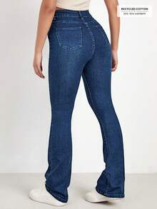 SHEIN FlexDen Jeans de pierna acampanada con lavado desteñido de cintura alta en azul denim lavado - Azul - Ver 2