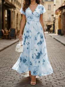 EMERY ROSE V-Neck Elegant Ruffle Hem Floral Print Waist Cinched A-Line Midi Dress, Romantic & Fashionable For Holiday - Multicolor - View 5