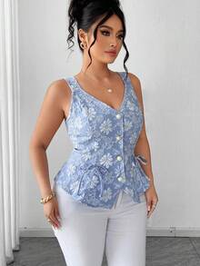 Elenzga Áo kiểu Jacquard sang trọng, thanh lịch kiểu cung đình dành cho nữ cỡ lớn, thích hợp cho hẹn hò/dự tiệc, lãng mạn. - Xanh và trắng - Xem 4