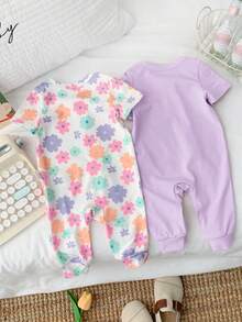 SHEIN 2件套新生女宝宝可爱碎花针织短袖连体衣 - 淡紫色 - 查看 12