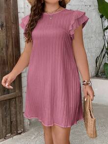 SHEIN Frenchy Đầm nữ cỡ lớn màu trơn cổ tròn tay bèo nhún kiểu dáng thường ngày - Màu Hồng  Dưa hấu - Xem 4