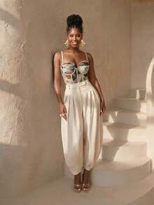 BamGlimmer 春季情人节新年假日新款褶裥裤，时尚热带度假休闲风，适合旅行、日常穿着、返校、派对、各种场合。 - 杏色 - 查看 7