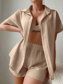 Swim Basics 女士纯色和服衬衫和短裤休闲日常套装 - 杏色 - 查看 1