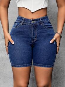 Jeanoix Petite 女士休闲日常口袋纽扣牛仔短裤 - 深色水洗藍 - 查看 4