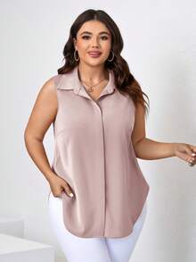 SHEIN Clasi Camisa casual sin mangas de un solo pecho de unicolor para mujer de talla grande - Rosa - Ver 4