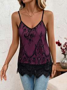 SHEIN Clasi Áo hai dây ren đen gợi cảm, thanh lịch dành cho nữ - Màu đỏ tím - Xem 4