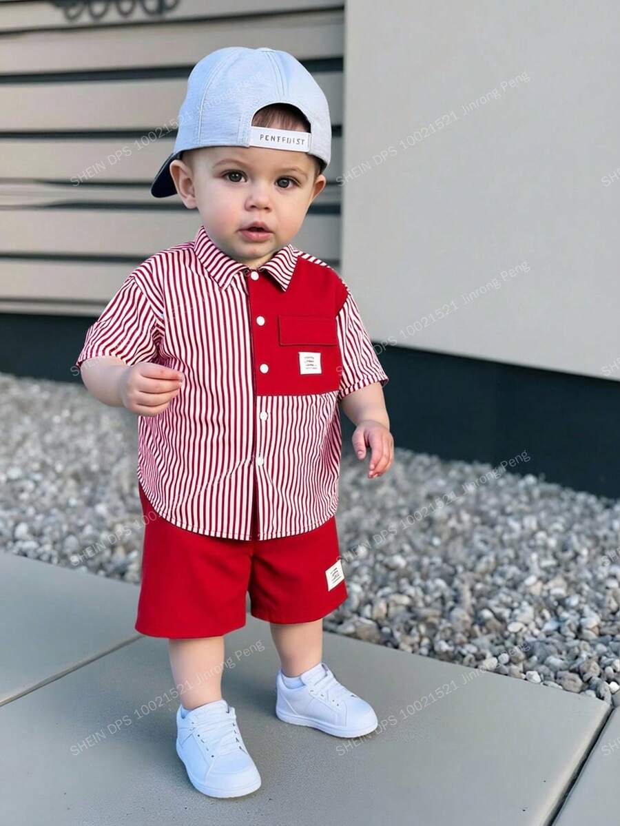 Bubblio 2件套男婴夏季休闲韩版可爱条纹拼接短袖上衣和松紧腰短裤套装,适合夏季穿着 - 紅色 - 查看 1