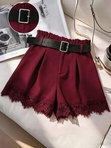 GlowEve CURVE Plus Size Lace Patchwork Pleated Waist Shorts - Burgundy - View 5
