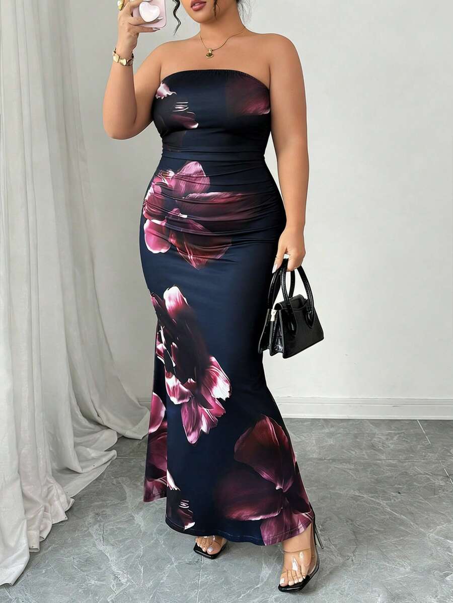 Elenzga Plus Size Elegant Floral Print Fitted Mermaid Dress - Multicolor - View 1