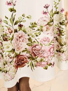 Fleurora Robe mi-longue élégante pour femmes grandes tailles, imprimé floral, col V, patchwork en maille, manches 3/4 - Multicolore - Voir 9