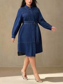 Selenza Plus Size Women's Fashion Denim Belted Dress Winter New Year - Dark Wash - View 1