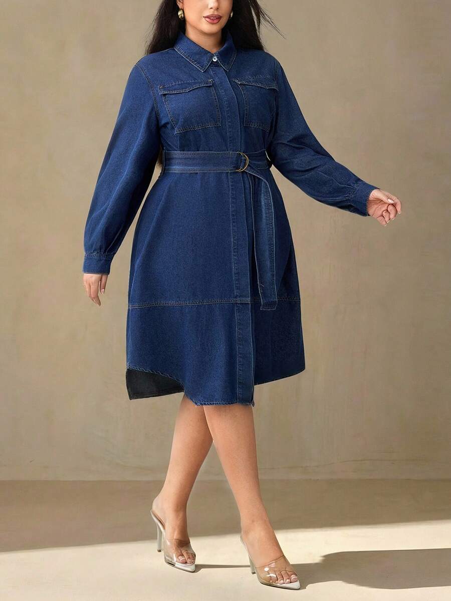 Selenza Plus Size Women's Fashion Denim Belted Dress Winter New Year - Dark Wash - View 1